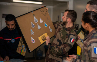 Les militaires découvrent les panneaux et dessins réalisés par les élèves de l'école Maurice Boyau