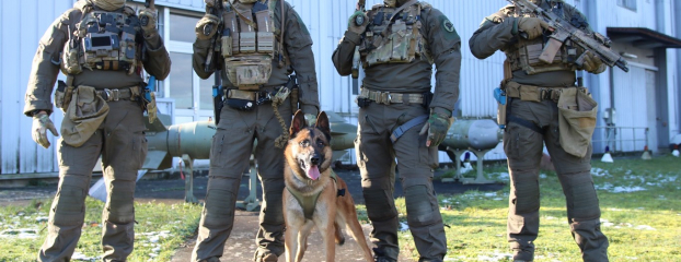 Onyx, chien de recherche d’explosifs et d’armement , se tient aux côtés de quatre commandos du CPA 10
