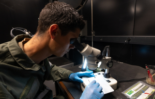 Personnel du CND inspectant au microscope